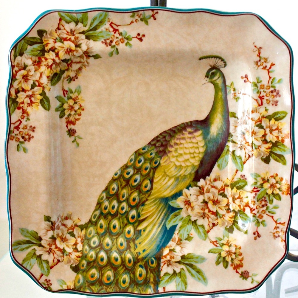 222 FIFTH EMPRESS GARDEN TEAL SALAD PLATE SQUARE NEW PORCELAIN PEACOCK,